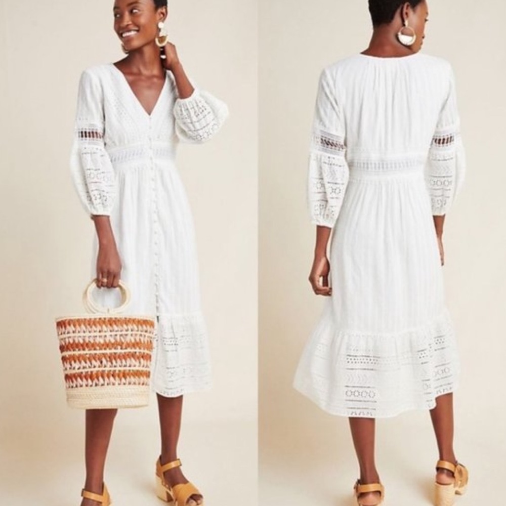 Anthropologie Ebba white eyelet lace midi dress
